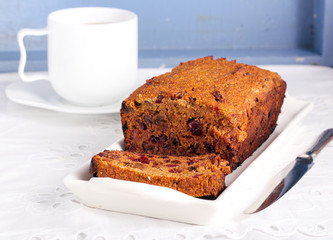Slice of fruit and rum cake