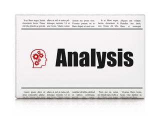 Marketing concept: newspaper with Analysis and Head With Gears