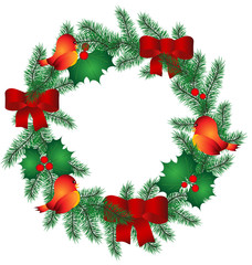 Christmas Wreath with red ribbon and birds. Vector Illustration