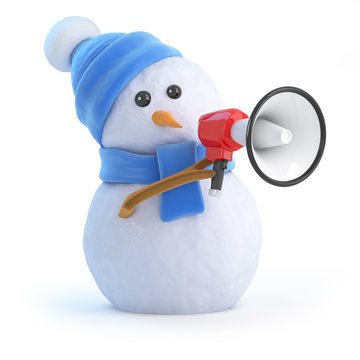 Blue snowman uses a loudhailer
