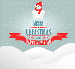 Merry Christmas greeting card Landscape with snowman. Vector