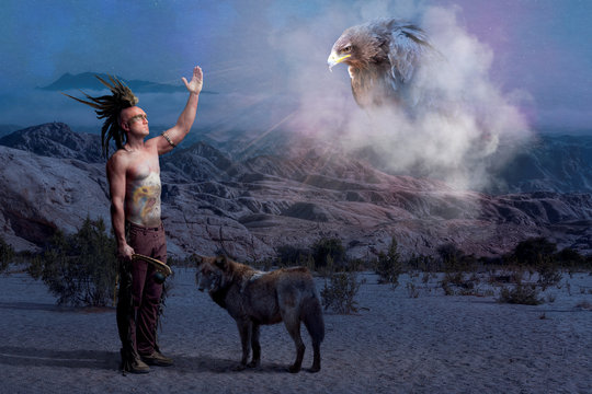 American Indian legend with wolf and eagle