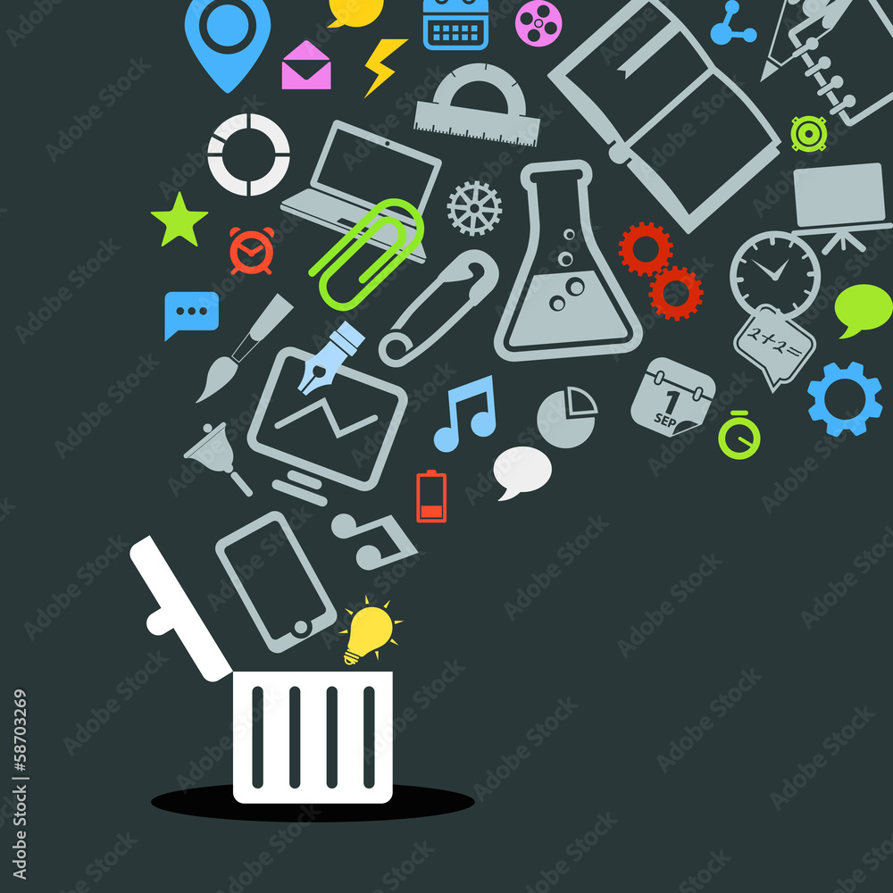 Aufkleber different icons flowing into a garbage basket