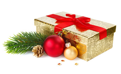 Christmas gift box and decorations isolated on white background.