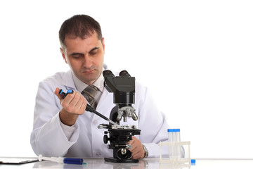 Scientist with microscope isolated on white