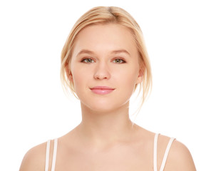 Close-up portrait of woman, isolated on white background.