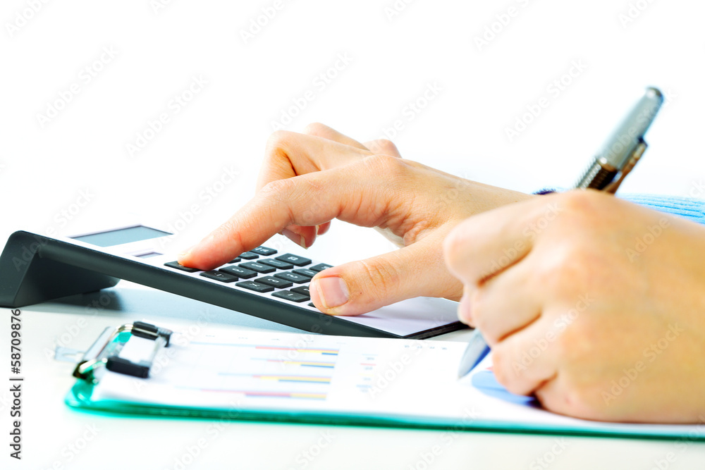 Fototapete Hands with calculator.