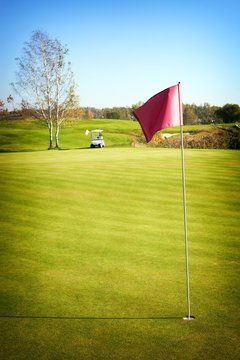 Green of golf course with golf-cart car