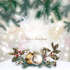 Carte de Noël : branches de sapin, boules, houx, bokeh