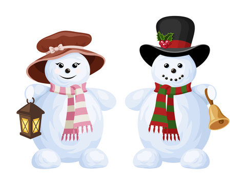 Two Christmas snowmen: a boy and a girl. Vector illustration.