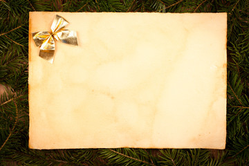 Gold bow on aged paper sheet