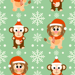 New Year seamless background with funny monkey and lion