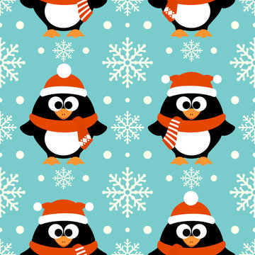 New Year seamless background with funny penguin