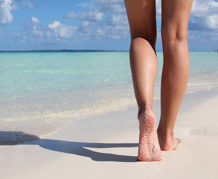 Sexy Legs on Tropical Sand Beach. Walking Female Feet. Closeup