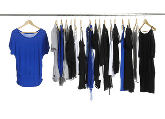 Set of fashion female clothing hanging on hangers