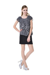 Full length young woman posing white background