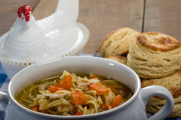 Chicken soup and biscuits on table