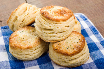 Biscuits freshly baked on a blue cloth