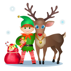 Funny elf and reindeer, christmas card