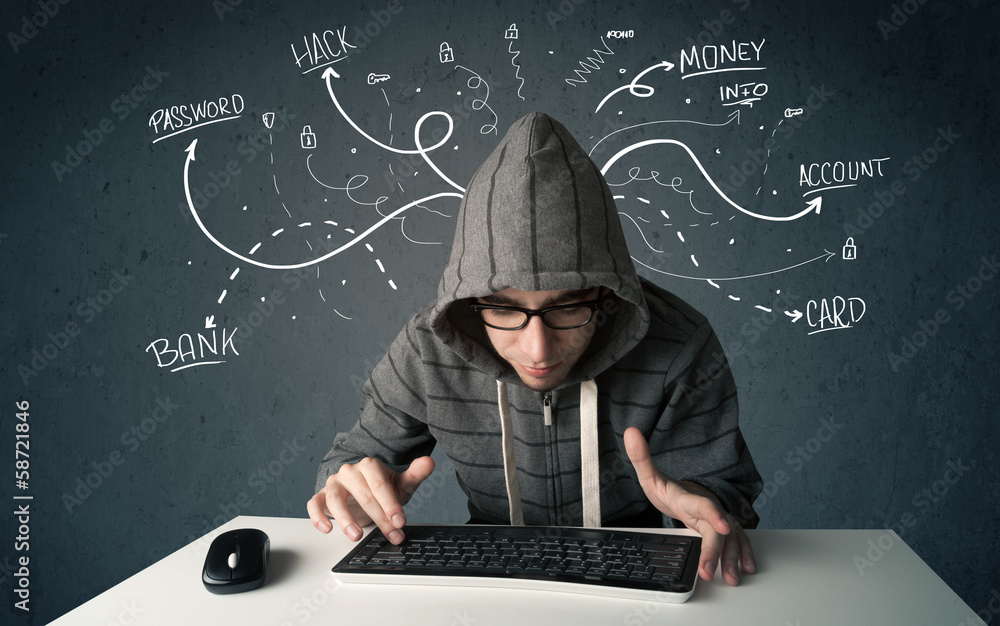Poster young hacker with white drawn line thoughts