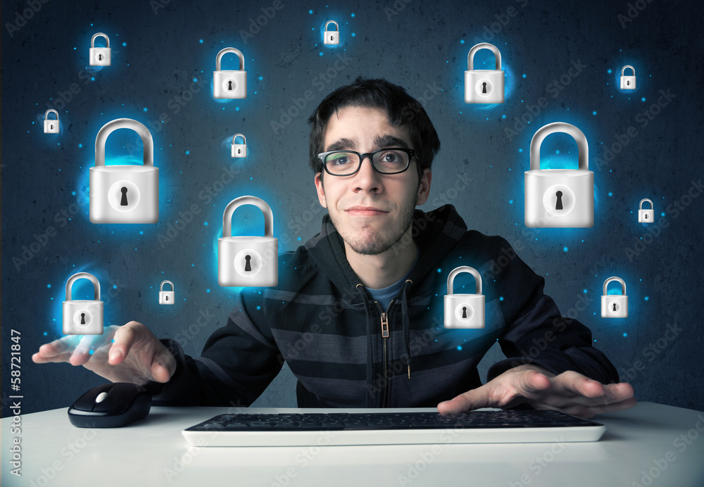 Poster young hacker with virtual lock symbols and icons
