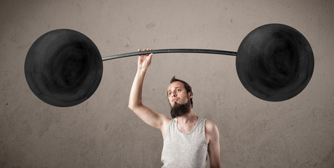 Funny skinny guy lifting weights