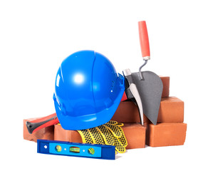 Bricks and masonry tools. Isolation.