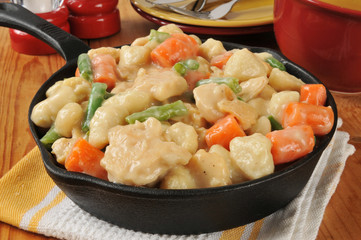 Chicken and dumplings in a cast iron skillet