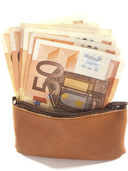 money purse with euro banknotes on white background - 58725623