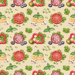 Watercolor pattern with illustration of food ingredients