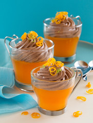 Orange jelly with chocolate mousse. Selective focus.