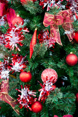 Christmas red balls and decorations on Christmas tree
