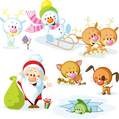 Santa Claus with snowman, cute Christmas animals