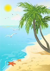 Fototapeta na wymiar sea ​​shore with palm trees and footprints on sand