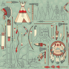 seamless Native American pattern with forest landscapes