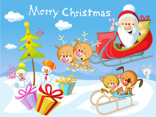 Obraz na płótnie Canvas Merry Christmas design with Santa Claus Sleigh, Christmas Tree