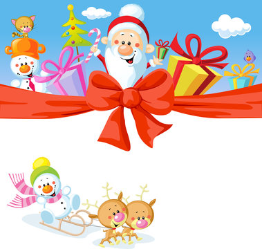 Christmas design with Santa Claus, gifts, xmas tree