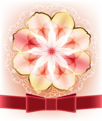 Beautiful card with a pink flower and a red ribbon