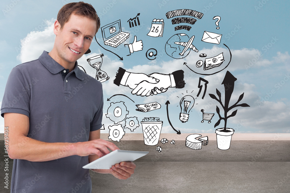 Poster Composite image of smiling young man with tablet computer