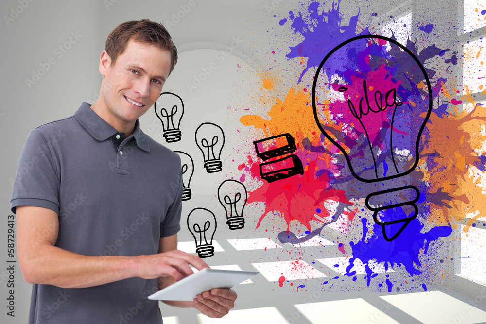 Poster Composite image of smiling young man with tablet computer