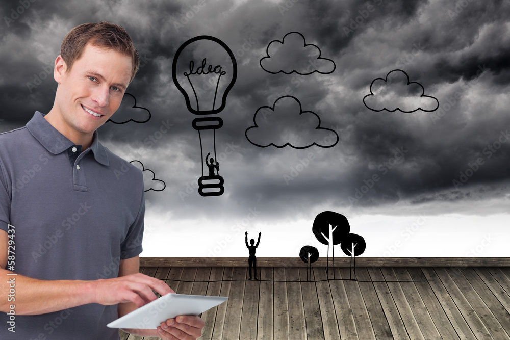 Poster Composite image of smiling young man with tablet computer
