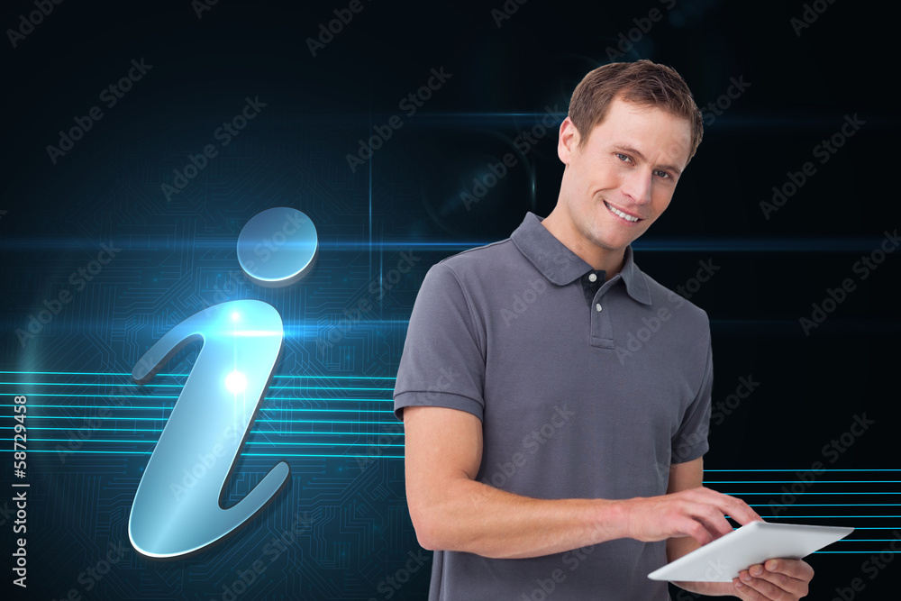 Poster Composite image of smiling young man with tablet computer