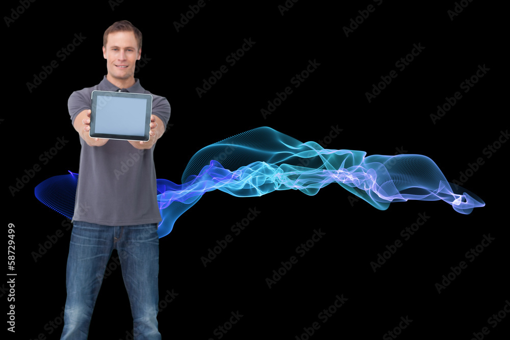 Poster Composite image of young man showing screen of his tablet comput
