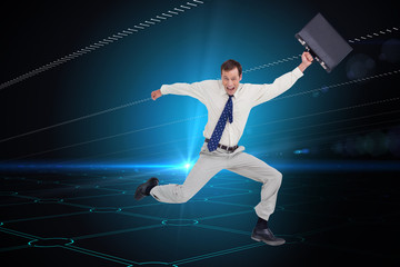 Fototapeta na wymiar Composite image of cheerful jumping businessman with his suitcas