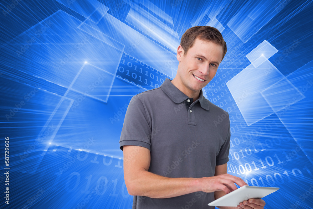 Poster Composite image of smiling young man with tablet computer