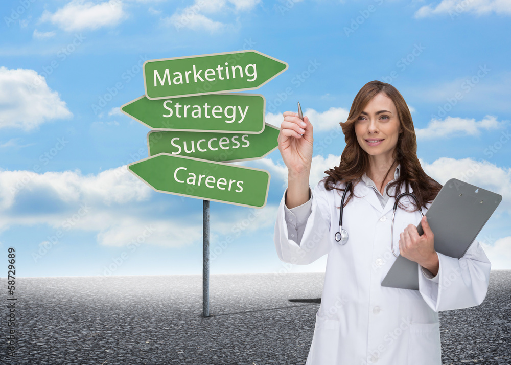 Poster composite image of smiling doctor pointing