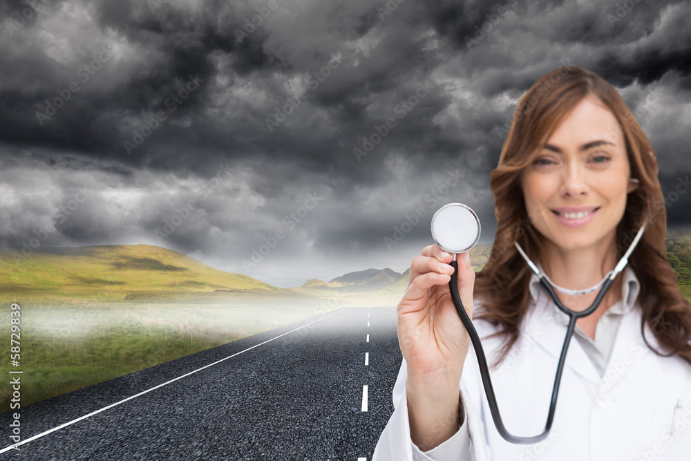 Poster composite image of happy doctor using stethoscope