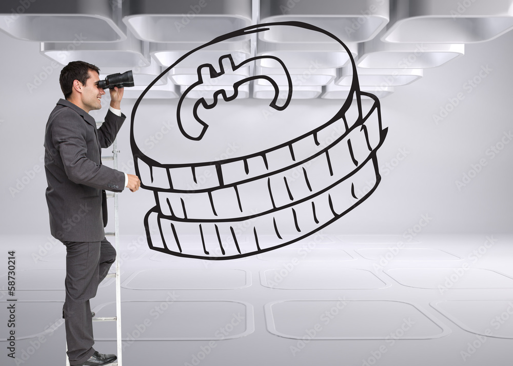 Poster composite image of businessman standing on ladder