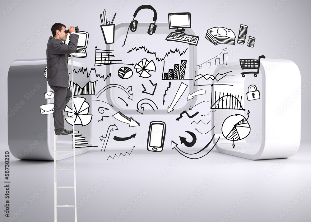Poster Composite image of businessman standing on ladder using binocula