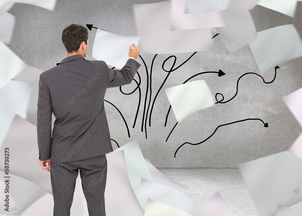 Poster composite image of businessman standing back to camera writing w